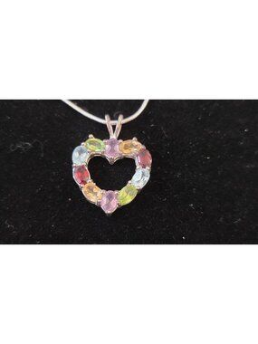 925 Sterling Silver Multicolor Gemstone Heart Pendant Necklace FREE SHIPPING!!!